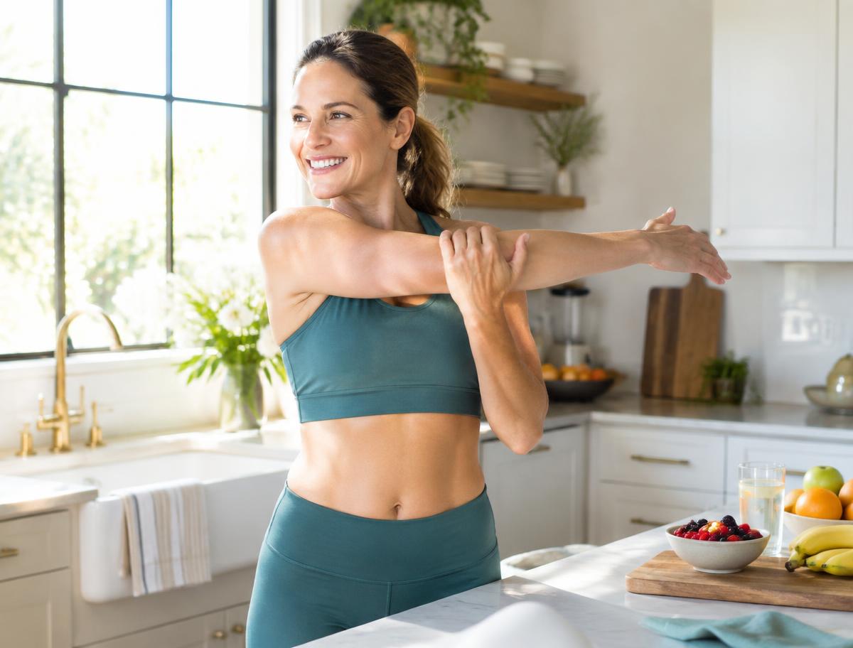 Woman stretching in a bright kitchen